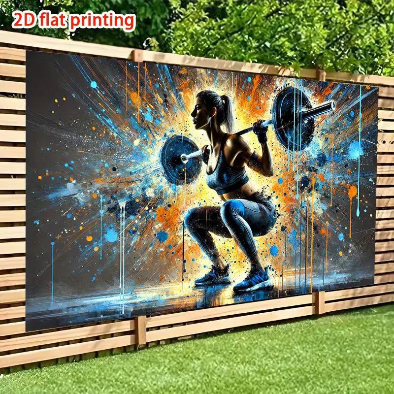 Powerful Fitness Tapestry, Graffiti-Style Female Athlete Performing a Squat with Bold Blue and Orange Splashes, High-Energy Gym Wall Art