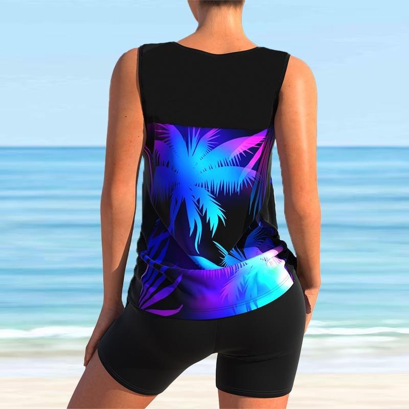 Women's Shoulder Strap Swimsuit Gradient Coconut Tree Print Bikini Tankini Swimsuit