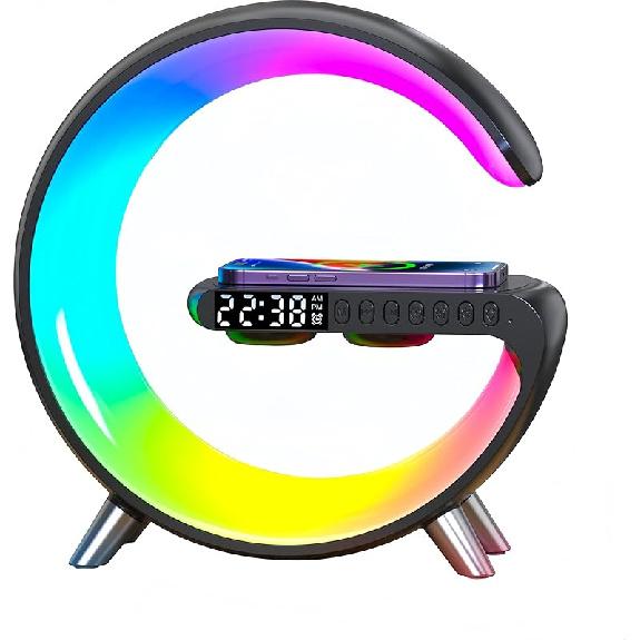 LED Table Lamp with Wireless Charger, Mini G Atmosphere Lamp with Bluetooth Speaker, Night Light Lamp Sunrise Alarm Clock, Smart Light Sound Machine