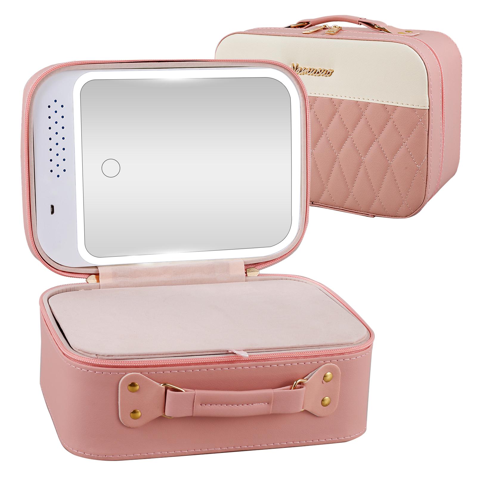 

LED Lighted Cosmetic Case Mirror Makeup Storage Bag Portable Travel Waterproof PU Leather Adjustable luminance Large Capacity розовый