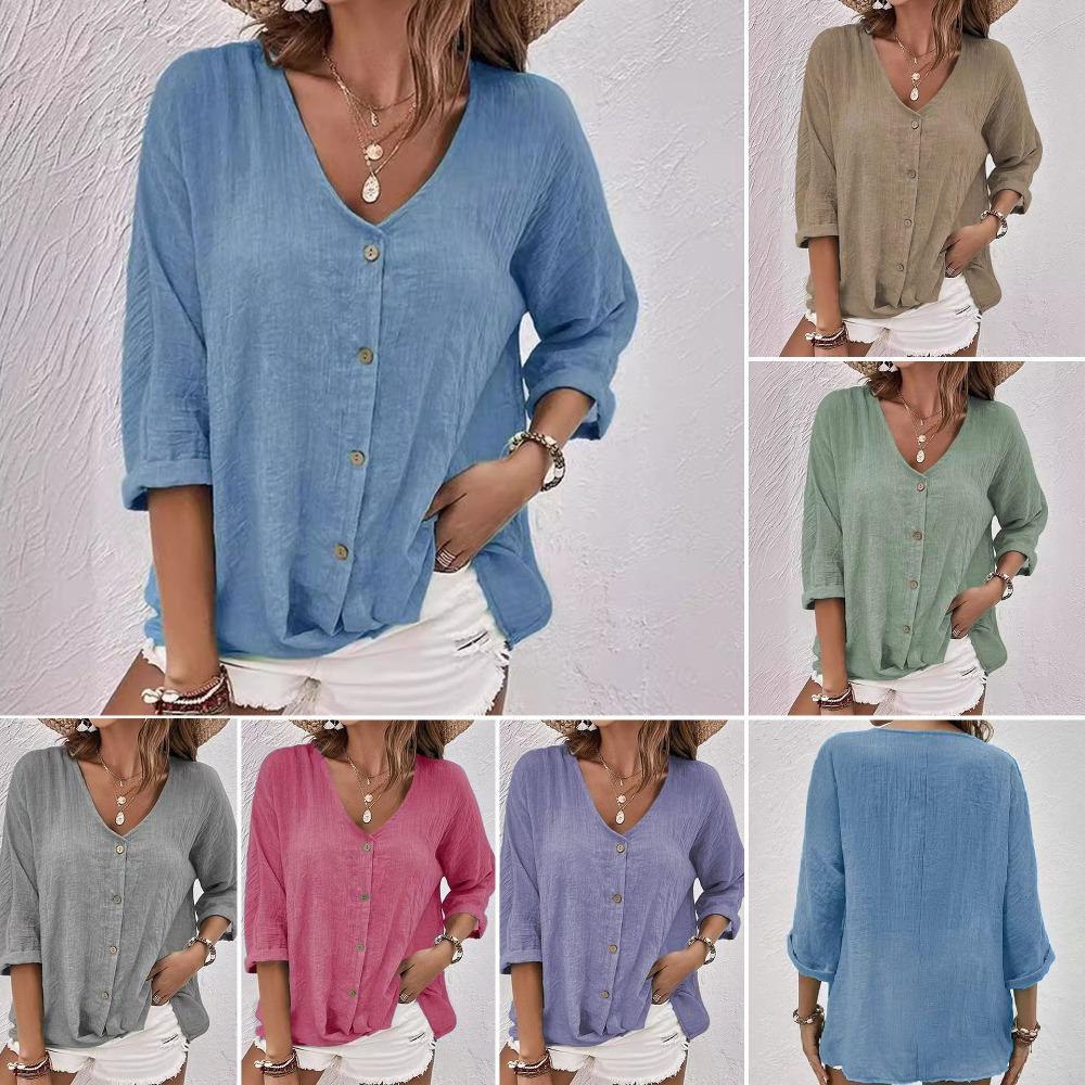 Women's V-Neck Three Quarter Sleeve Casual Loose Fit Button Down Blouse Shirt
