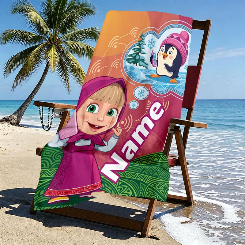 Custom Name Personalized Masha and the Bear Print Beach Towel, for Trip Camping Beach Party Home Decor, Birthday Gift for Family & Friends