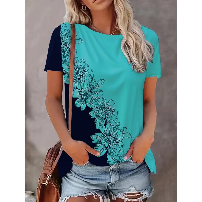 Elegant directional women s round neck 3D flower printed short sleeved T-shirt, comfortable and casual printed top S