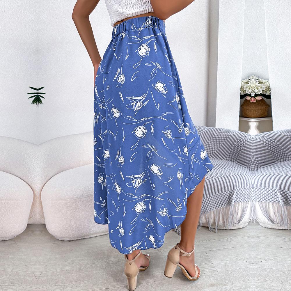 Dámské elegantní sukně jaro/léto květinové asymetrické volány s vysokým pasem