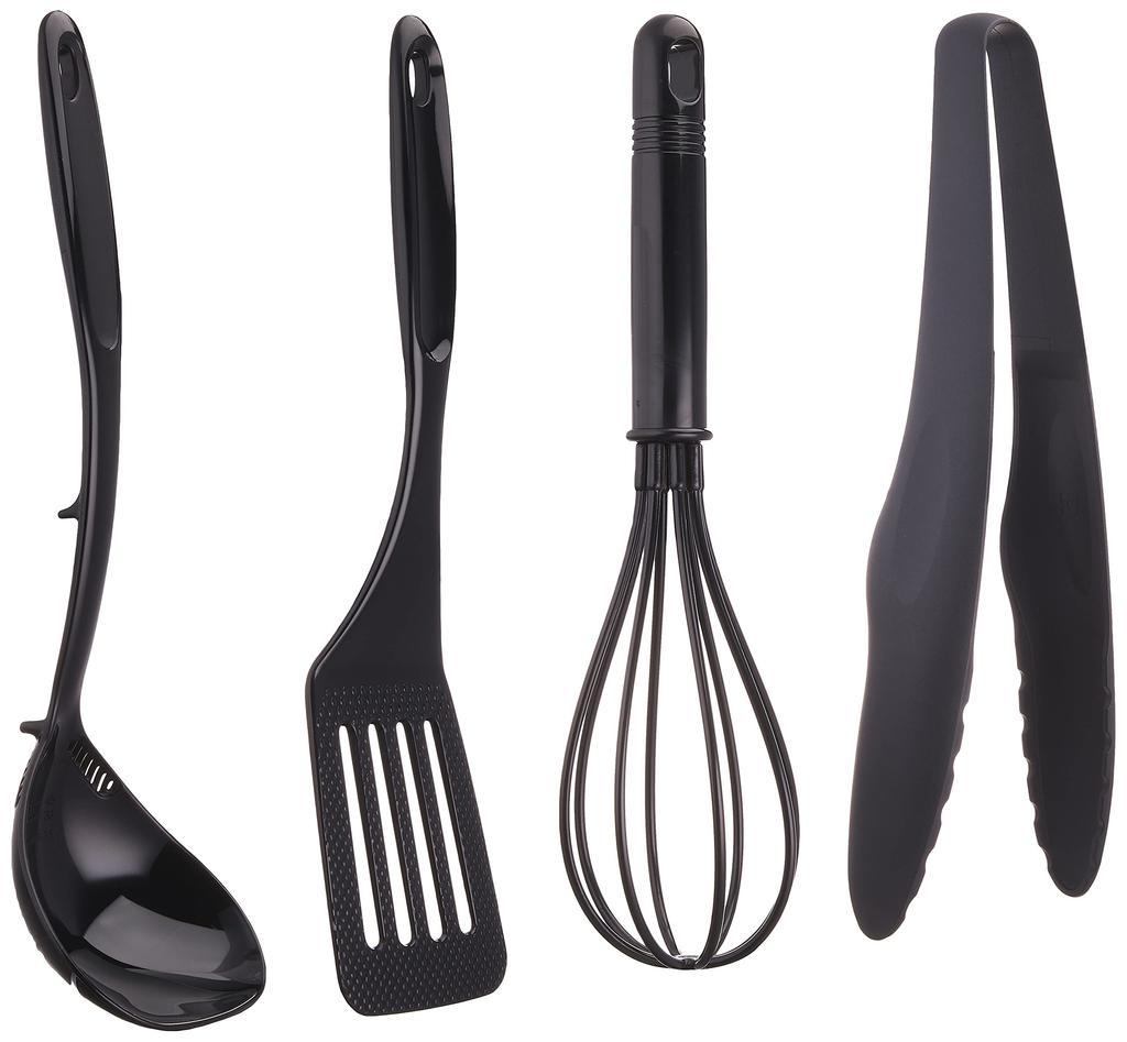 Pearl Metal Kitchen Tool Set Made In and Limited [BLKP] 4-Piece (Black, G-8126) - Japan Spatula, Ladle, Tongs, Whisk, Nylon. Edition.