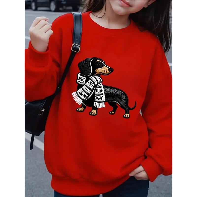 European Sizes Kids' Crewneck Sweatshirt - Dachshund with Winter Scarf Pattern , Sportswear And Casual Wear, Soft And Comfortable
