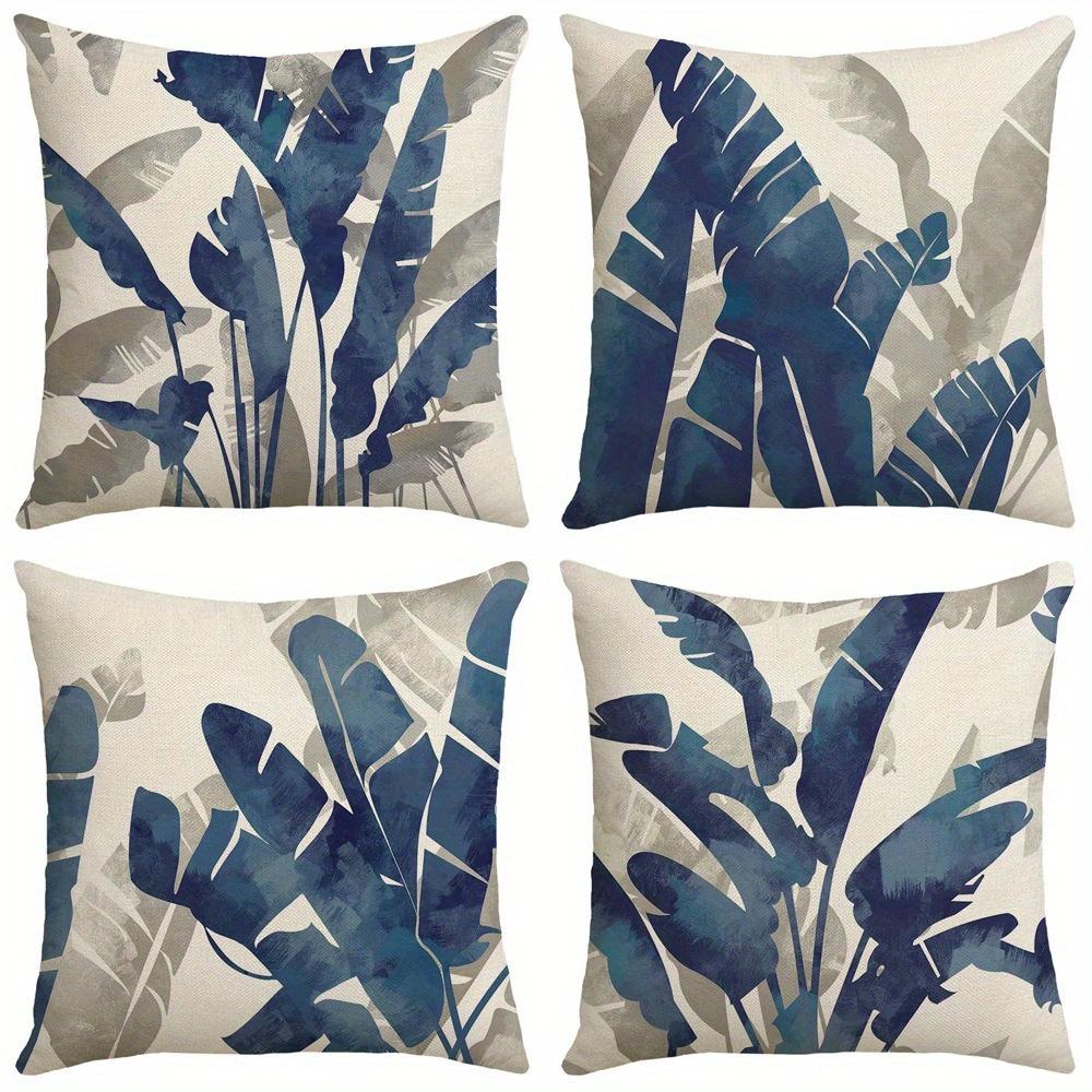 4 fundas almohada mornas con estampado hojas tropicales y cremallera - Decoración azul marino y botánica, fundas poli