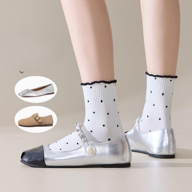 Black Fungus Lace Socks for Women, Spring and Autumn Style, Pile Socks, Cotton Socks, Summer Polka Dot Roll, Boneless Mid-calf Socks