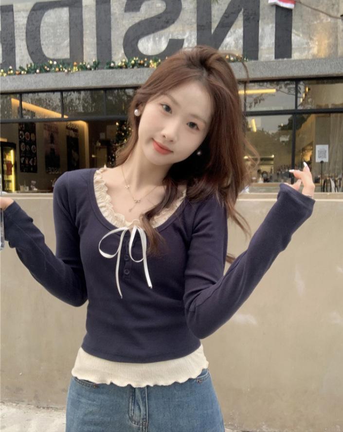 Podzim 2024 Dámské přiléhavé dvoudílné tričko s dlouhým rukávem, elegantní vrstvený vzhled