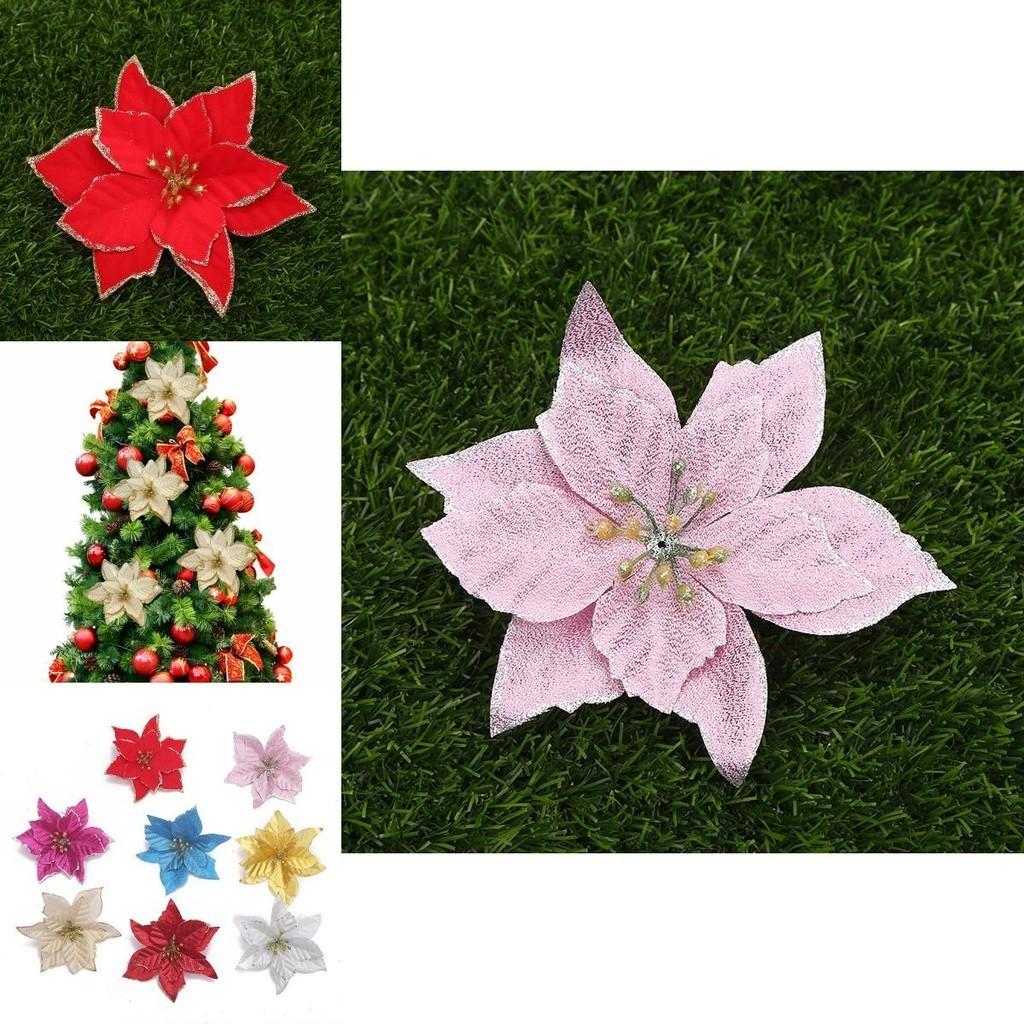 Elegant 10pcs Christmas Large Poinsettia Glitter Flower Arrangement For Trees