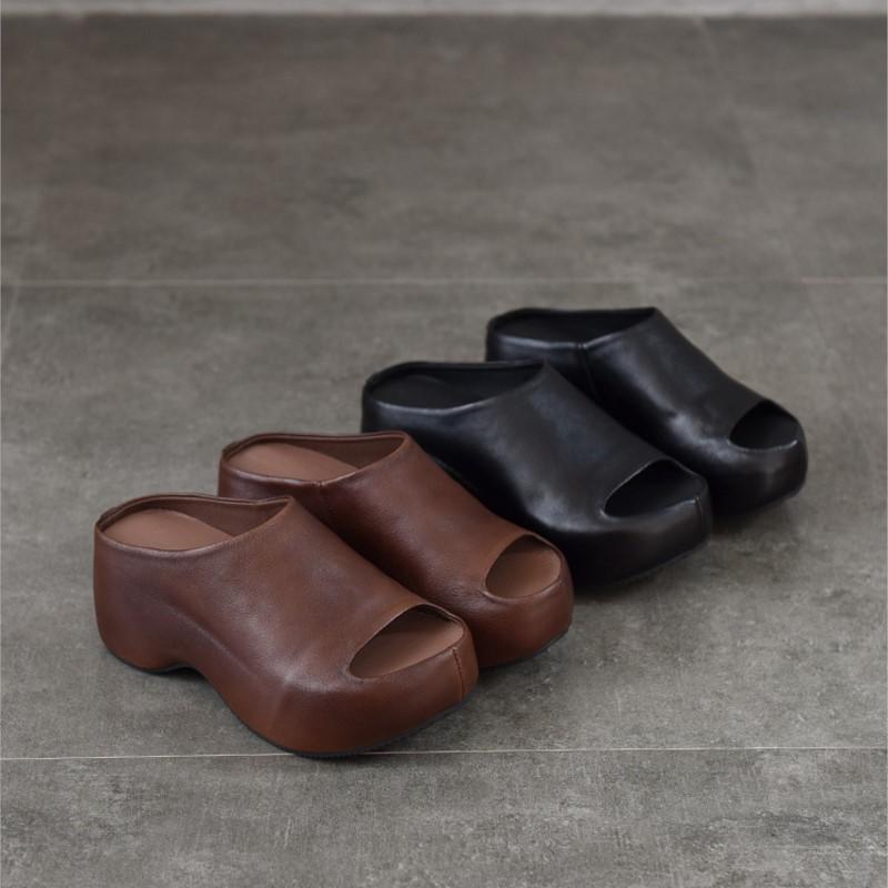 Johnature Genuine Leather Lightweight Thick Soled Peep Toe Slippers Versatile Wedge Heel Women's Slip-on Shoes