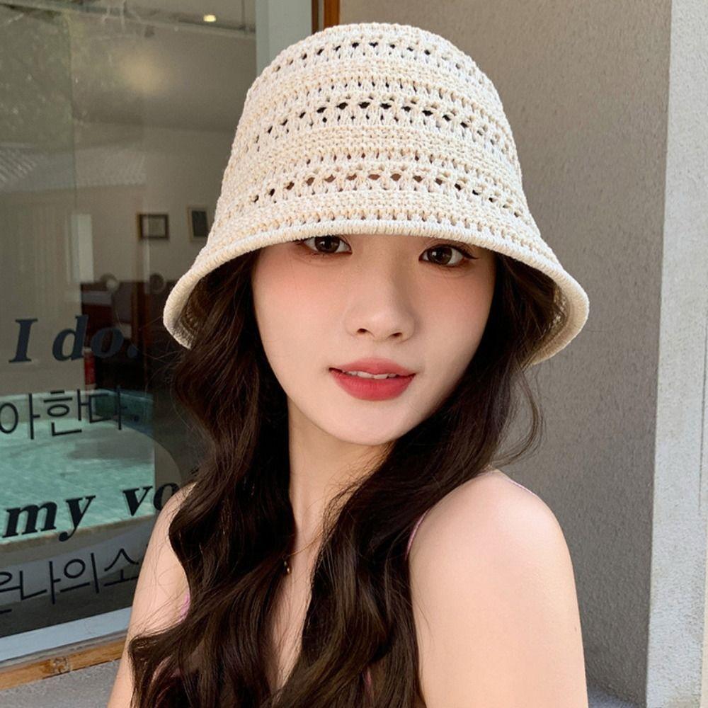 Knitted Sun Hat Foldable Hollow Beach Cap Casual Fisherman Hat