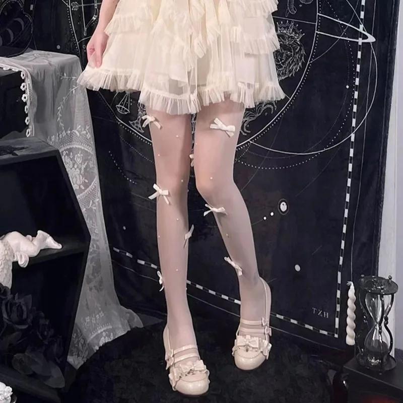 

Розовые бархатные колготки с вышивкой в виде бантиков и жемчужин, модные женские колготки в стиле JK Лолита, милые колготки для каваи-девочек One Size