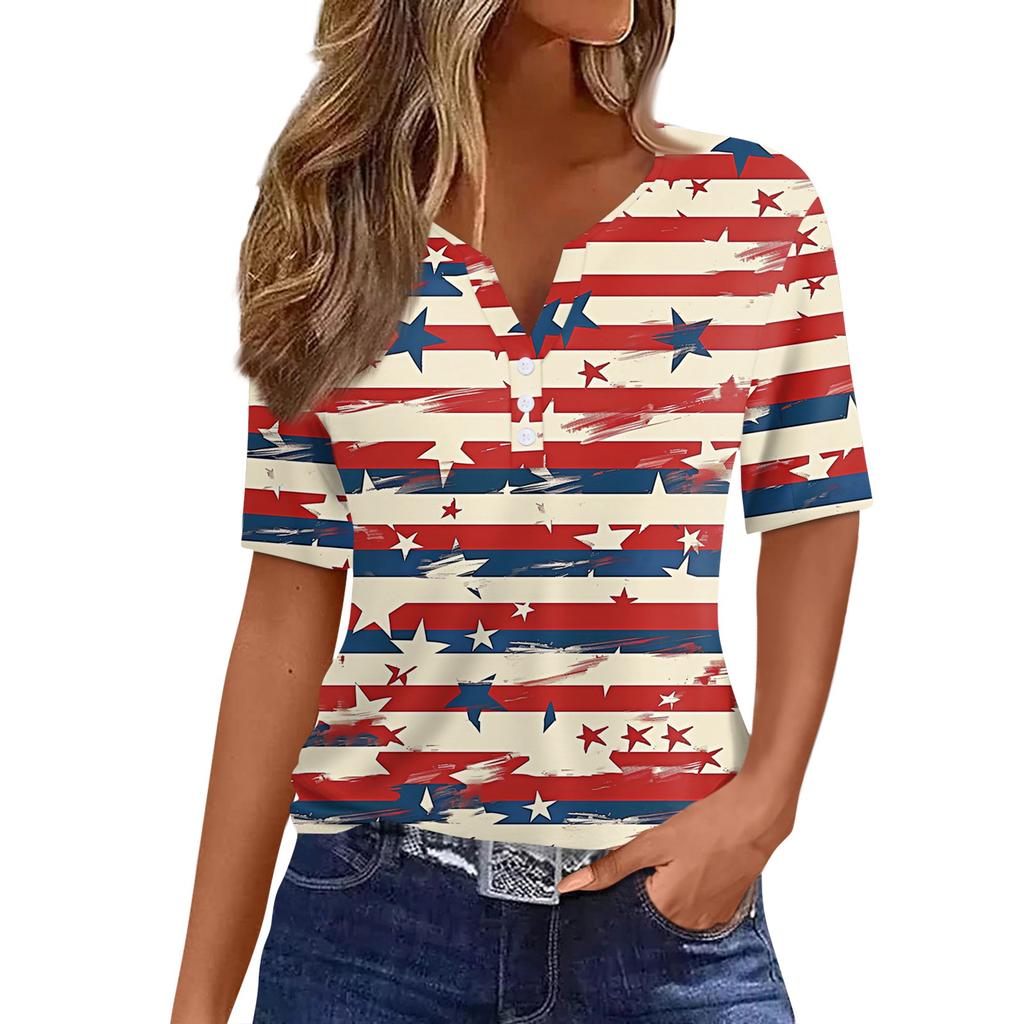 Women's T Shirt Independence Day Print Button Short Sleeve Daily Weekend Fashion Basic V- Neck Regular Top