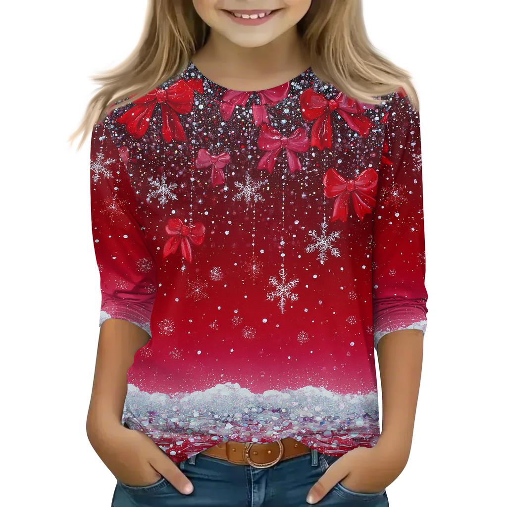 Christmas Day Print Tops For Youth Girls 4-11 Years Round Neck 3/4 Sleeves T-Shirts Trendy Tops Outfit Tees