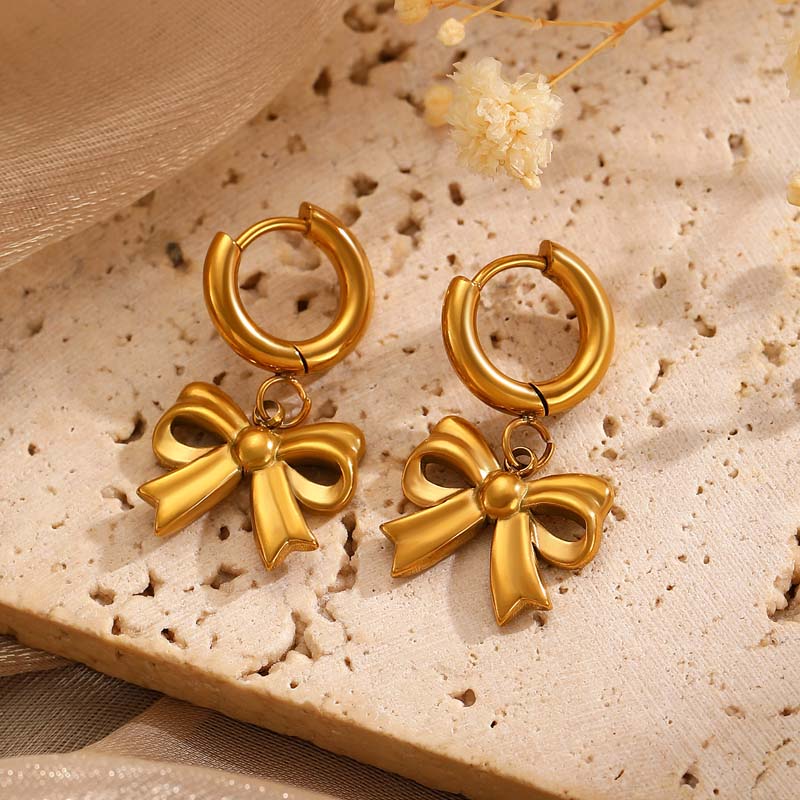 Stainless Steel Bowknot Hoop Huggie Earrings For Women Fashion Gold Color Hollow Bow Tie Drop Earrings Waterproof Jewelry Gifts
