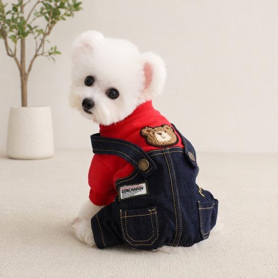 Jijijing Stylish Sweatshirt Dog Jumpsuit, Four Legged Outfit, Cute Bear Embroidery, Denim Romper Pants Onesie Clothes for Small Dogs