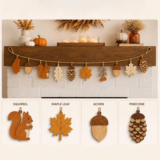 Indoor Outdoor Garden Decor Fall Wooden Garland Decor, Rustic Autumn Hanging Ornament with Squirrel Tactile Wall Art Maple Leaf Pinecone, Harvest