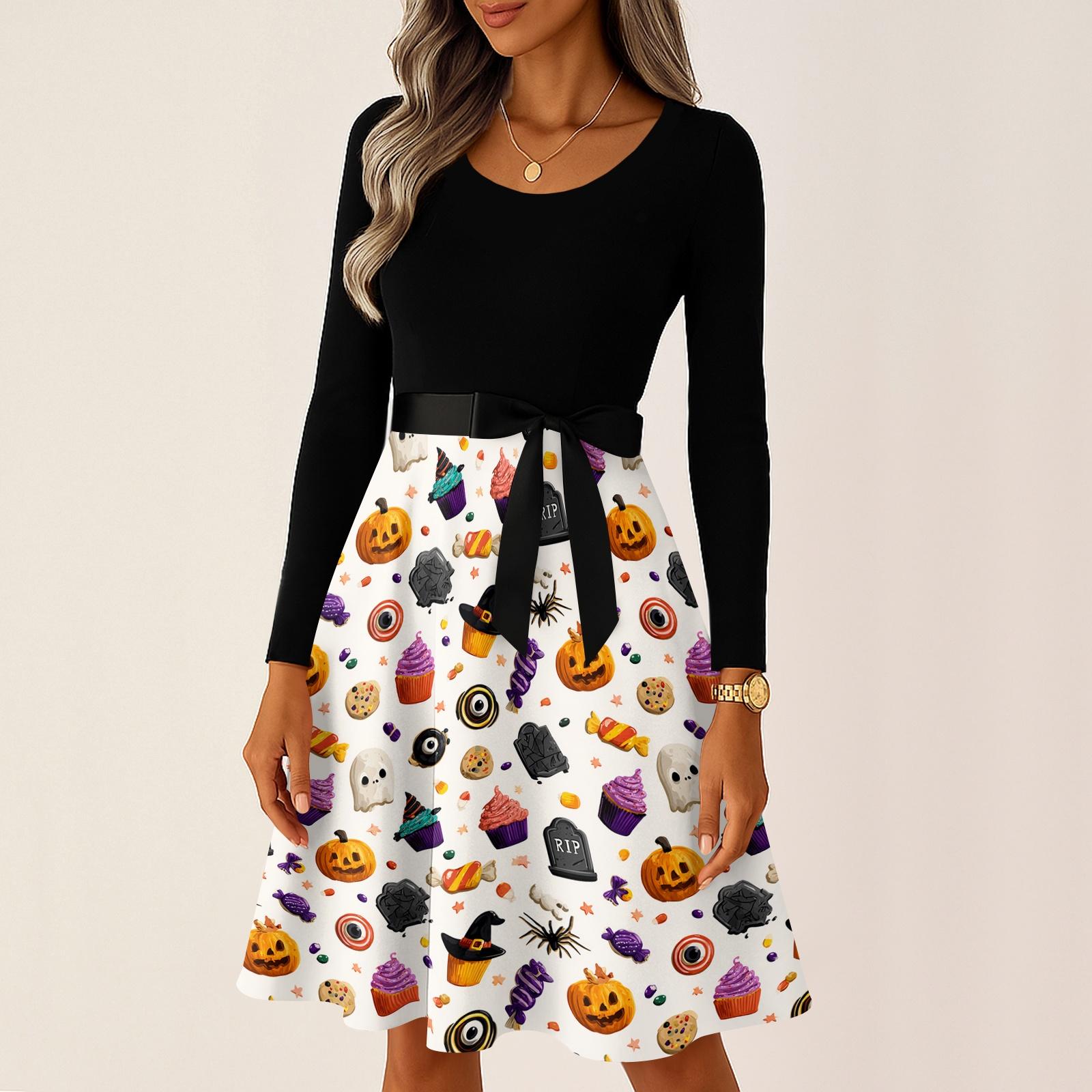 Womens Casual Long Sleeve Round Neck Dress Vintage Style Halloween Print Retro Audrey Hepburn Inspired Midi Dress with Belt XXL фиолетовый