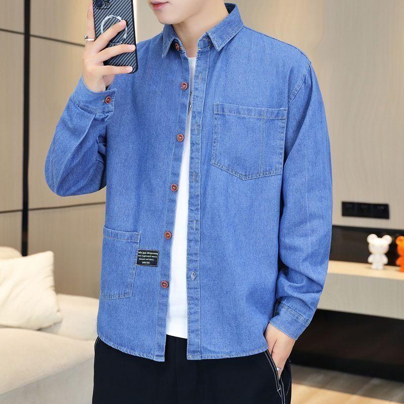 

New Denim Long-sleeved Shirt for Spring and Autumn Men s Casual Shirt Loose Men s Trendy Denim Jacket XXXL світло-синій колір