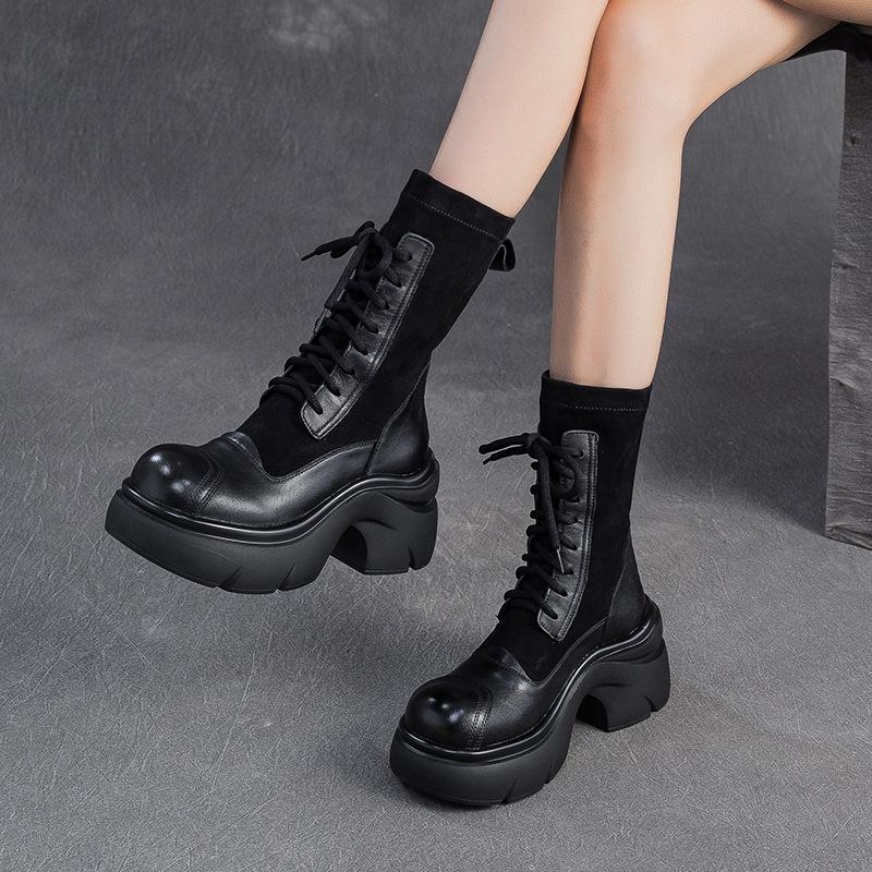 Fashion GKTINOO Autumn Winter Genuine Leather Boots For Womem Shoes Thick Soled High Heel Mid-Calf Stretch Boots Lace Up Ladies Pumps