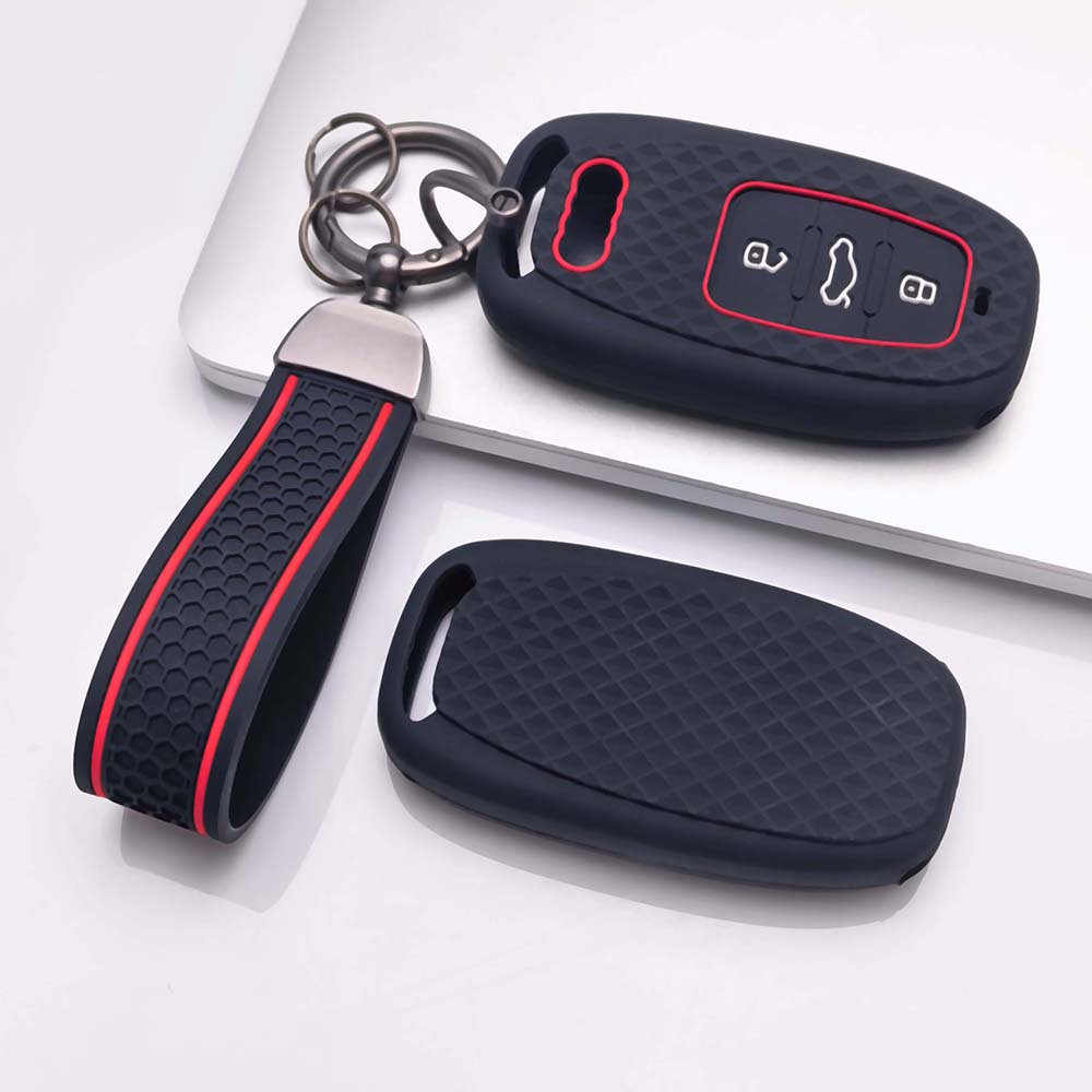 Silicone Car Key Case Cover with Wrist Keychain for A6 A7 A8 E Tron Q5 Q7 Q8 C8 D5 Protective Car Remote Key Holder