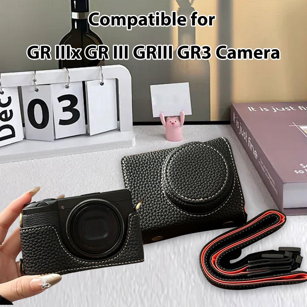 Vintage PU Leather Camera Bag Half Body Protective Cover with Strap for GR IIIx GR III GRIII GR3 Enhanced Grip Soft Lining 1Celsius4 Inch Thread Hole