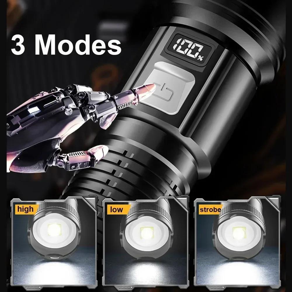 Super Bright LED Flashlight with Battery Display Rechargeable Light Telescopic Zoom Torch Lamp Outdoor Camping Fishing Lantern