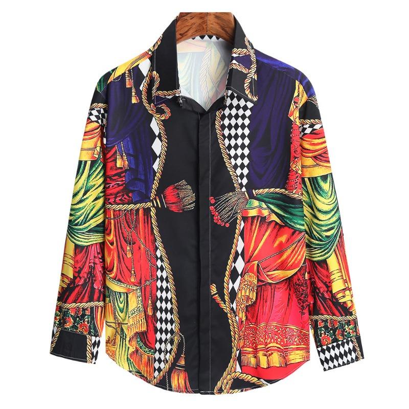 Camicia da Uomo di Lusso Retro con Motivo Sole e Stelle, Collo a Revers, Bottoni, Maniche Lunghe, Moda Serale