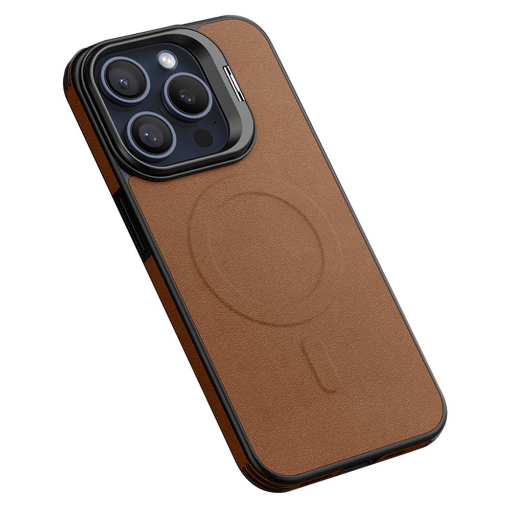 

For iPhone 15 Pro Max Magnetic Case with Lens Kickstand Leather Phone Back Cover Brown