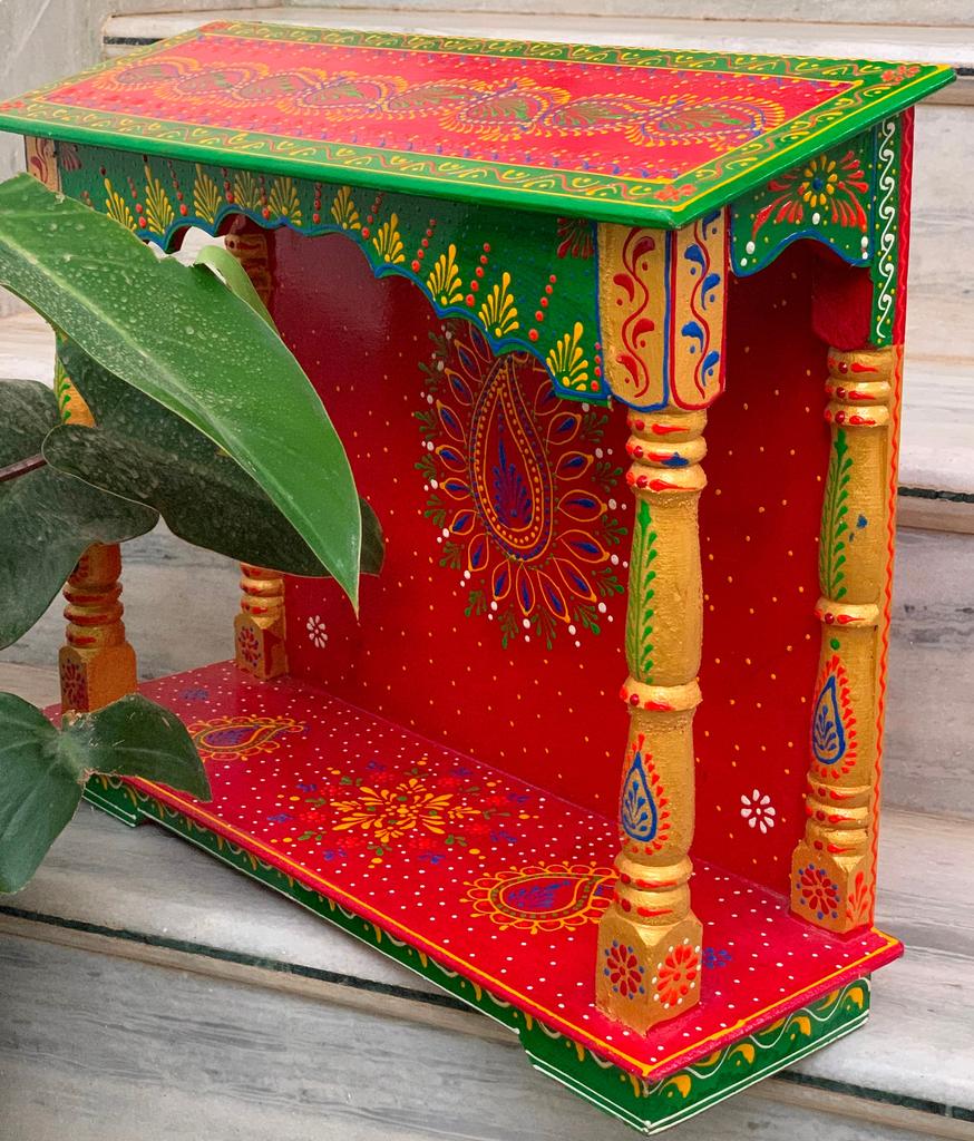 Handmade Painted Wood Mandir: Embossed Hindu Home Altar