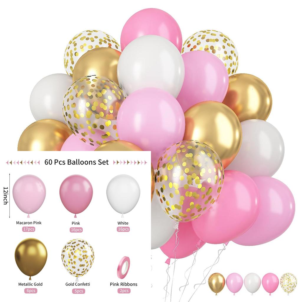 Set di 60 palloncini in lattice da 12 pollici rosa blu viola oro con coriandoli, adatto per matrimoni, compleanni, feste popolari