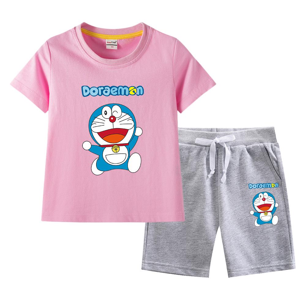Doraemon Kids' Summer Set: Short-Sleeve T-shirt & Capris for Boys and Girls - Lightweight Casual Two-Piece.
