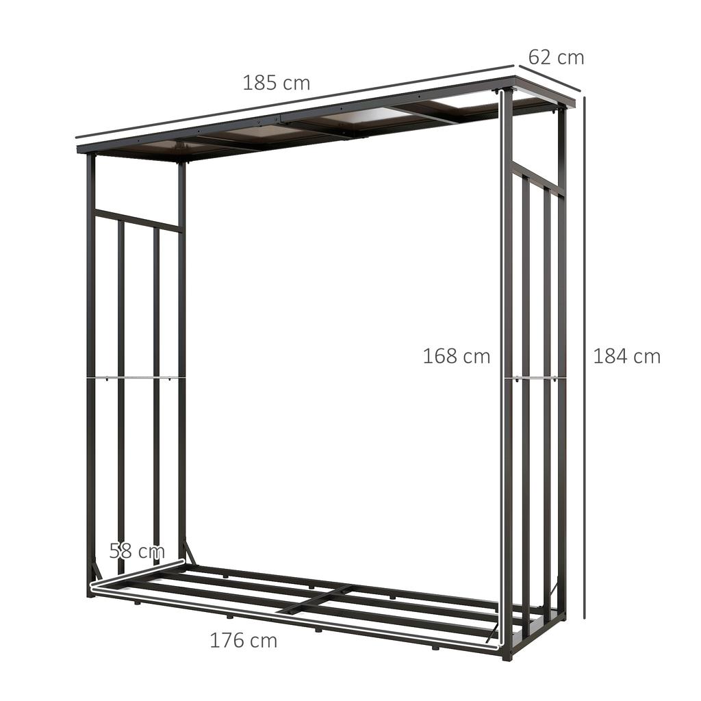 Outdoor log shelter log rack maximum load 2000 kg with waterproof protective cover 185 x 62 x 184 cm black