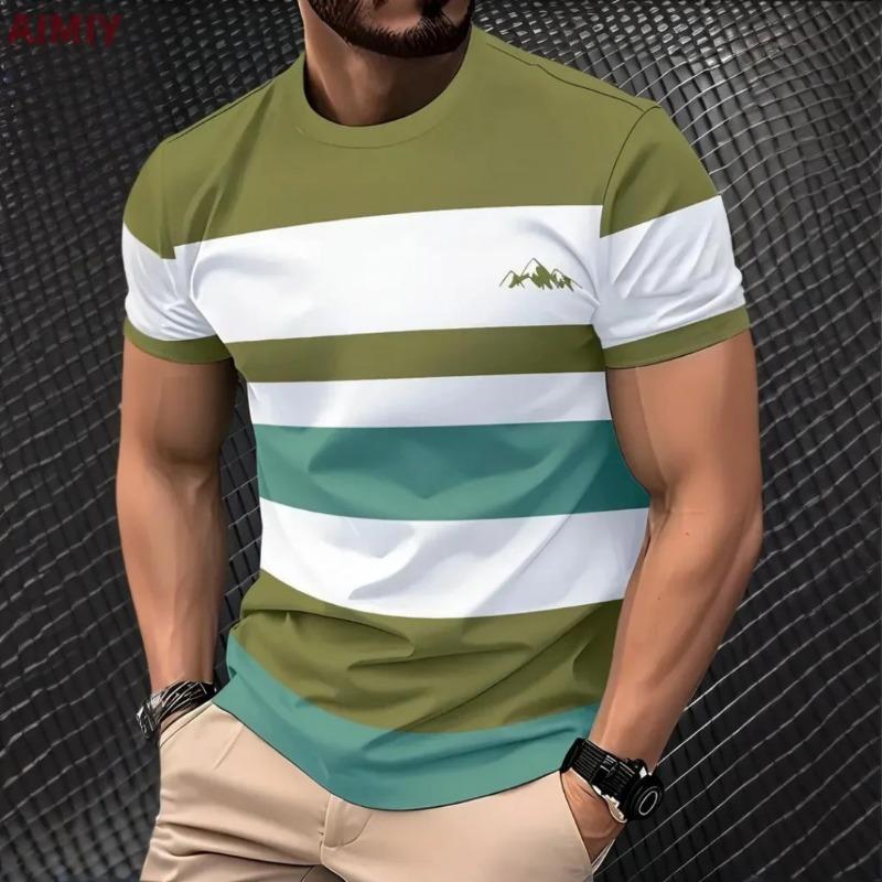 T Shirt Man Classic Men's Clothing Outdoor Round Neck Short Sleeve Top Stripe Print Street Loose T-Shirt