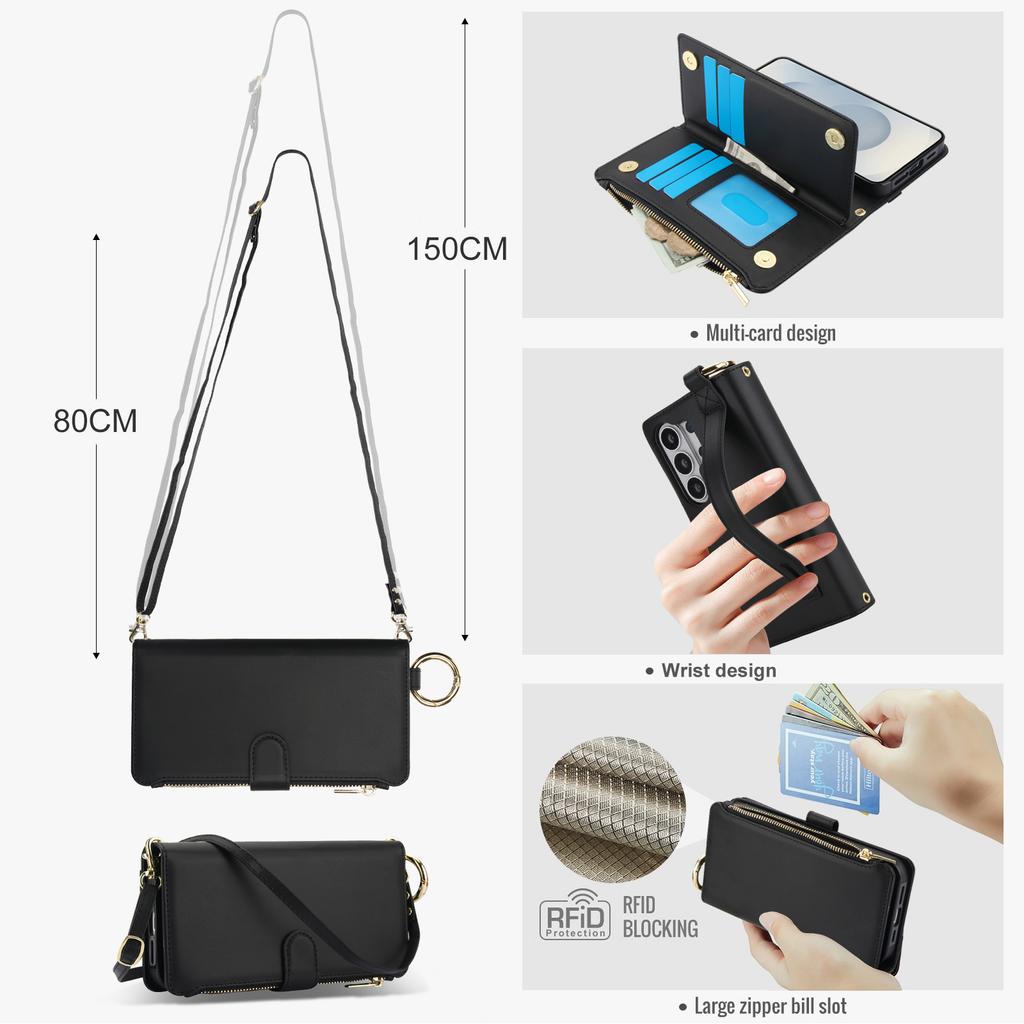 Luxusní PU kožená peněženka na zip pro Samsung Galaxy S22 S23 S24 S25 S26 Ultra Plus Odnímatelná šňůrka přes rameno Držák na karty