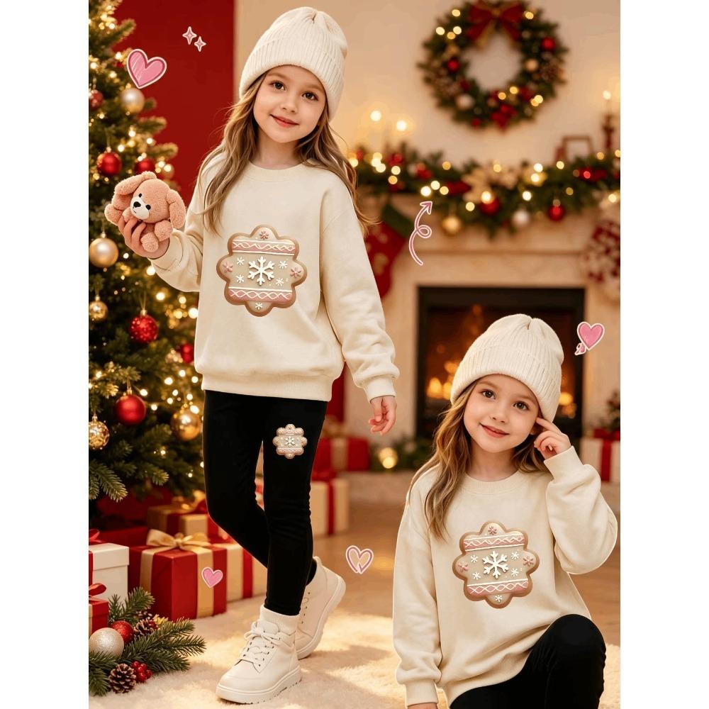 Girls' Snowflake Print Casual Comfortable Soft Loose Pullover Sweatshirt and Leggings 2-Piece Set, New Autumn/Winter, Playful, Sweet and Cool Style