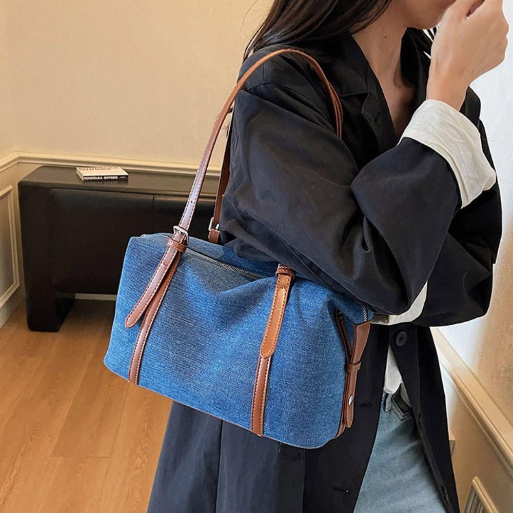 Solid Color Denim Tote Bag Korean Style Underarm Packs Cute Large Capacity Handbag  Women