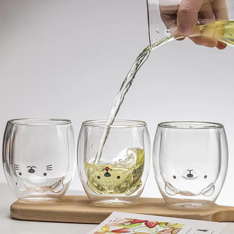 Double Wall Glass High Borosilicate Coffee Cup Heat Resistant Cute Animal Style Tea Mug Milk Juice Drink Glass for Friends Gifts