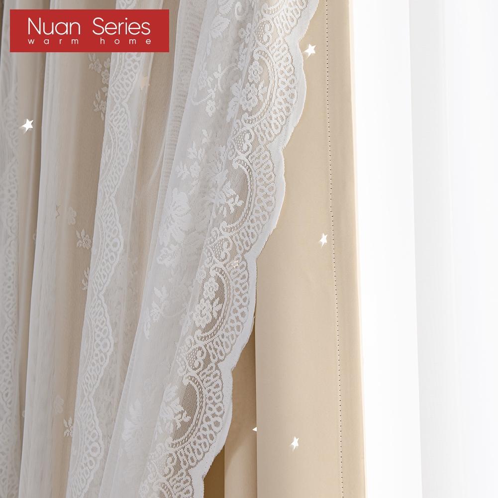 A Set of Nuan Series Hollow Star Blackout Curtain and Lace Sheer Curtains Integrated Gauze Curtain and Curtain for Living Room Bedroom Home Decor