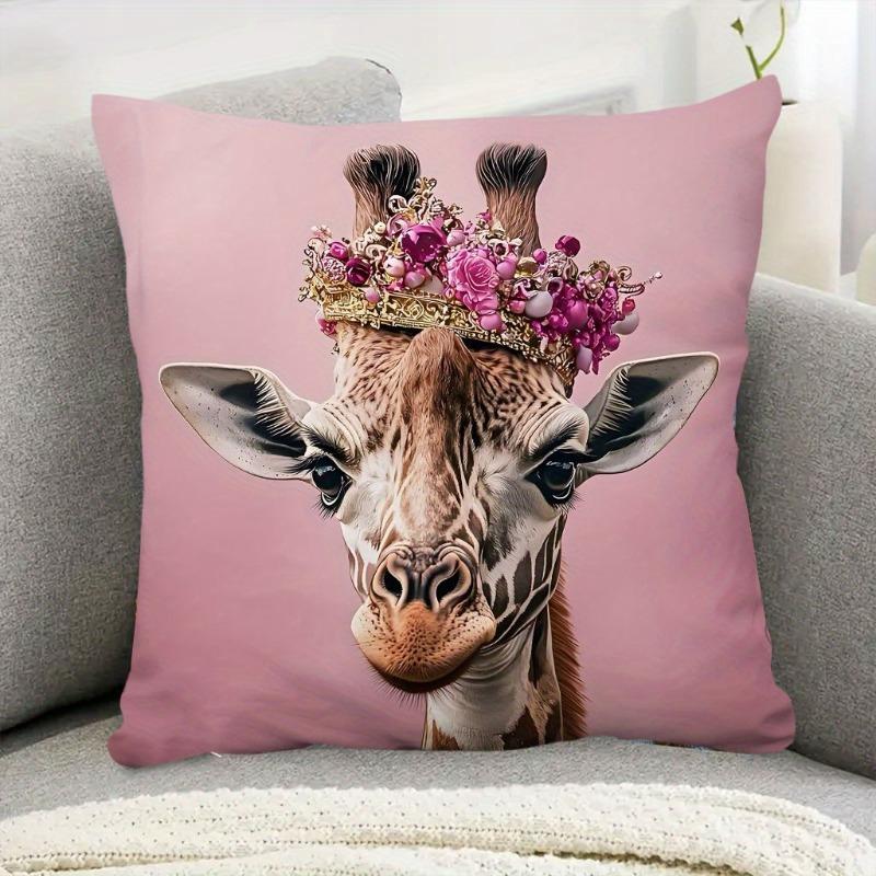 2D Flat- Royal Crown Giraffen Pink Throw Pillow Cover Luxury Animal Decorative Pillowcase For Home Sofa Bedroom