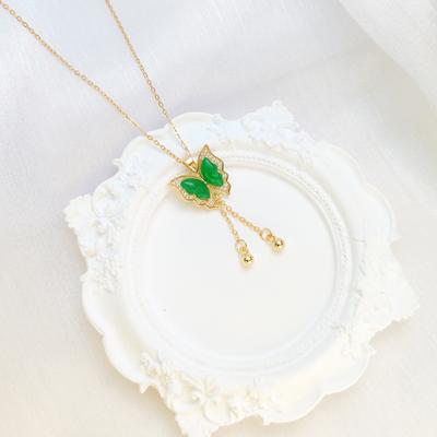 Titanium Steel Green Fringed Butterfly Necklace Women'S Light Luxury High-End Simple And Versatile Exquisite Pendant Collarbone Chain