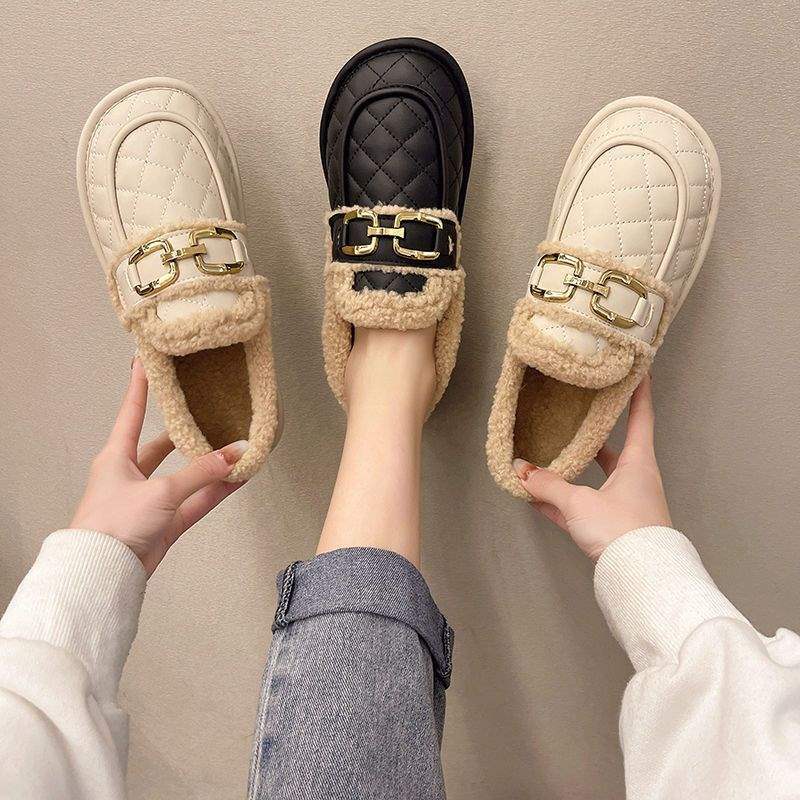 Baumwollschuhe Damen Winter Samt Mode Oberbekleidung 2025 neu Internet-Berühmtheit Lammwolle Einslipper Leder Weichsohle Beanie-Schuhe