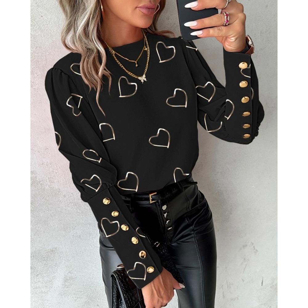 IHUASU Autumn Winter Fashion Printed Long Sleeve Round Neck Button-down Shirt for Women T-shirt