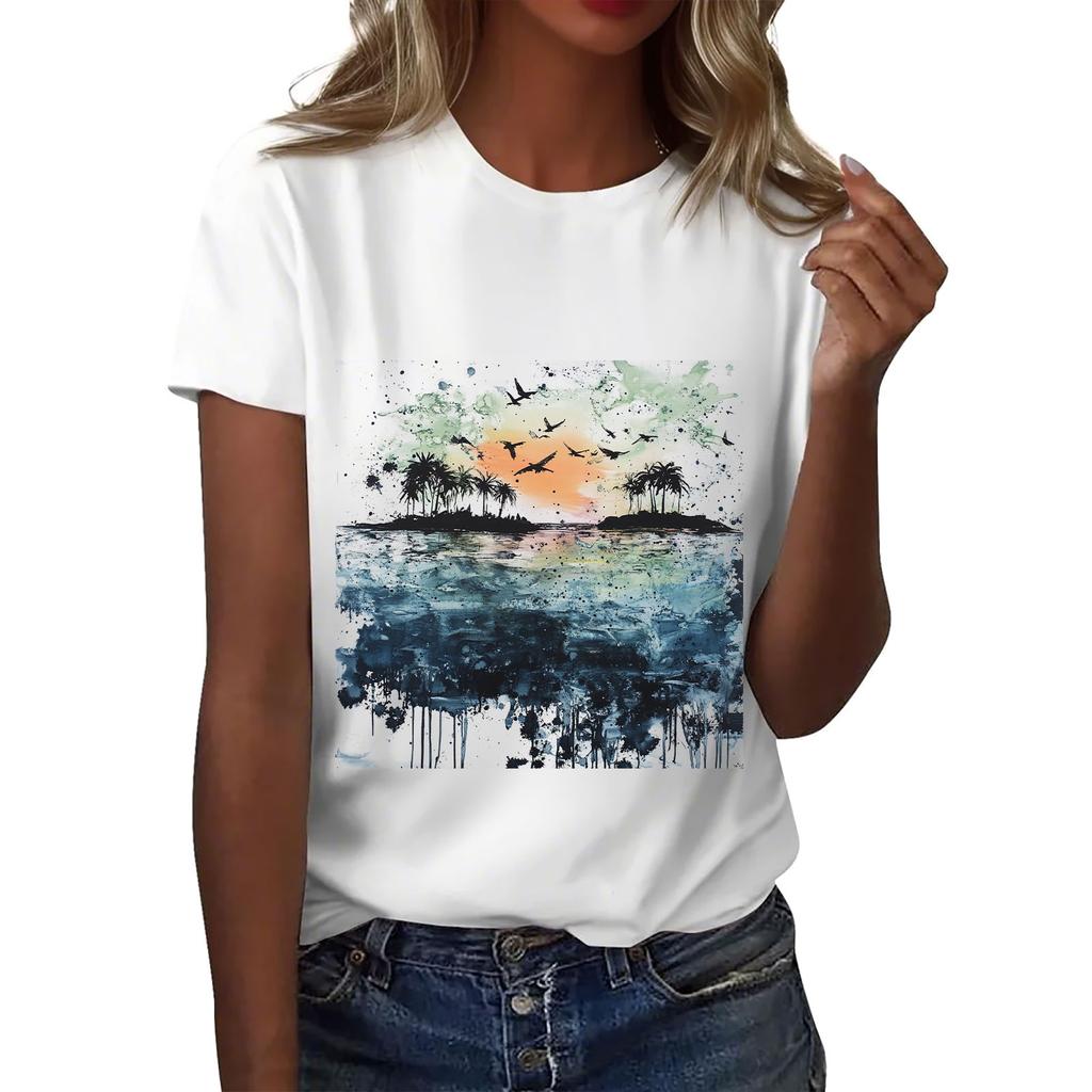 Women's Round Neck Casual Printed Short-sleeved T-shirt Top