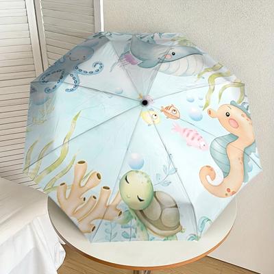 Underwater Friends Automatic Opening/Closing Umbrella - Portable Tri-Fold Design with 8-Bone Iron Frame, Perfect for Outdoor Use, Festive Gi