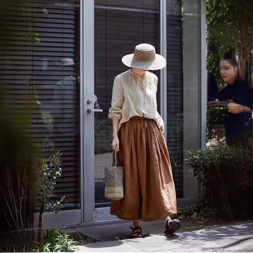 Women's Retro Cotton-Linen Elastic Waist Pleated Skirt - Summer 2023