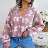 GMXIA Women's Fashion Casual Autumn Winter Long Sleeve V-neck Loose Color Contrast Flower Lantern Sleeve Cardigan Sweater Coat