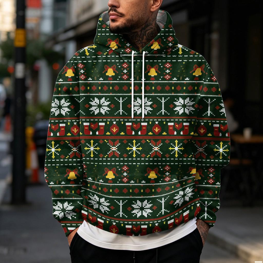 Men's Casual Loose Fit Hooded Sweatshirt with Christmas Print and Large Pockets