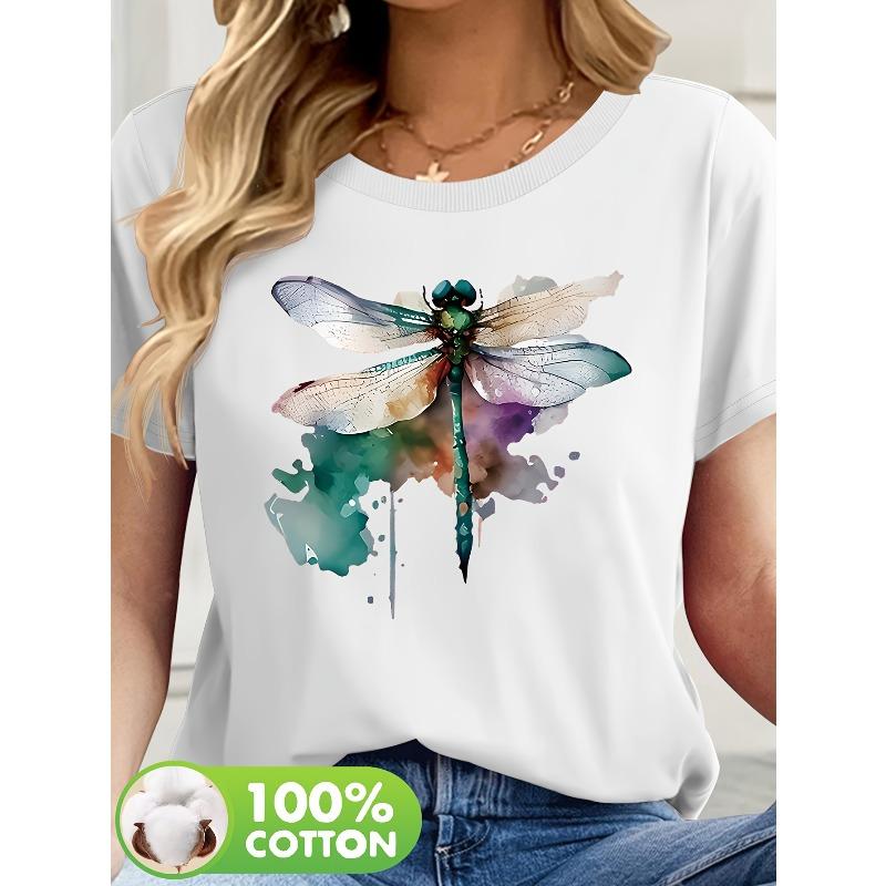 Europese maten| Zomer Top met Ronde Hals en Libellenprint, Wasbaar in de Machine, Comfortabel T-shirt, Artistiek Ontwerp, Zachte Stof